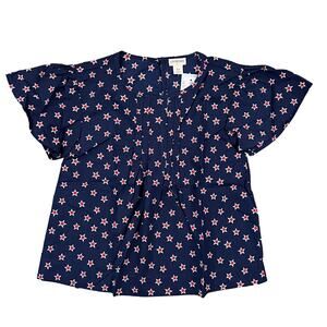 NWT J. Crew Girls' Navy Pleated W/Red & White Stars 4th of July Top